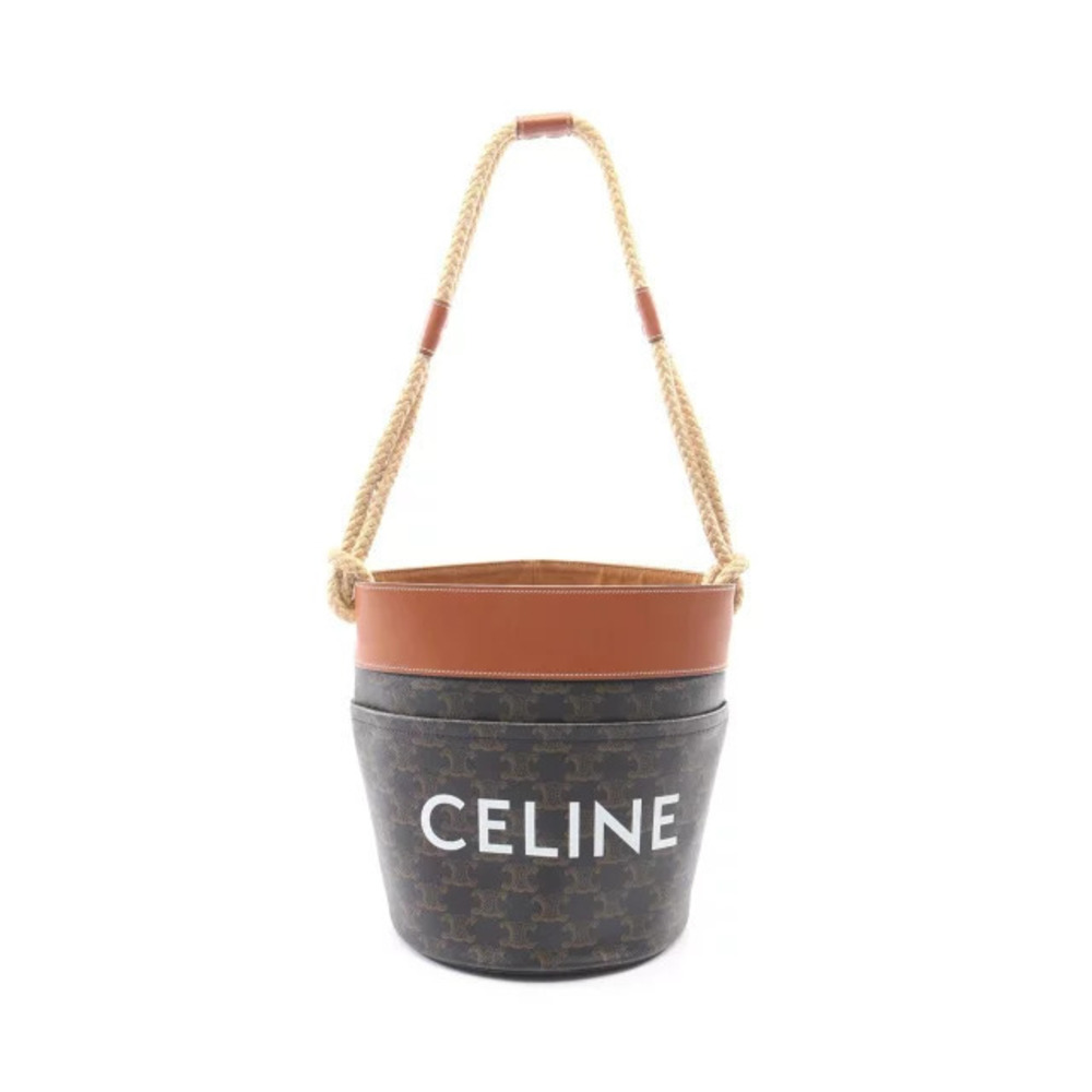 Celine Triomphe Bucket Bag Shoulder Canvas Leather Black Brown
